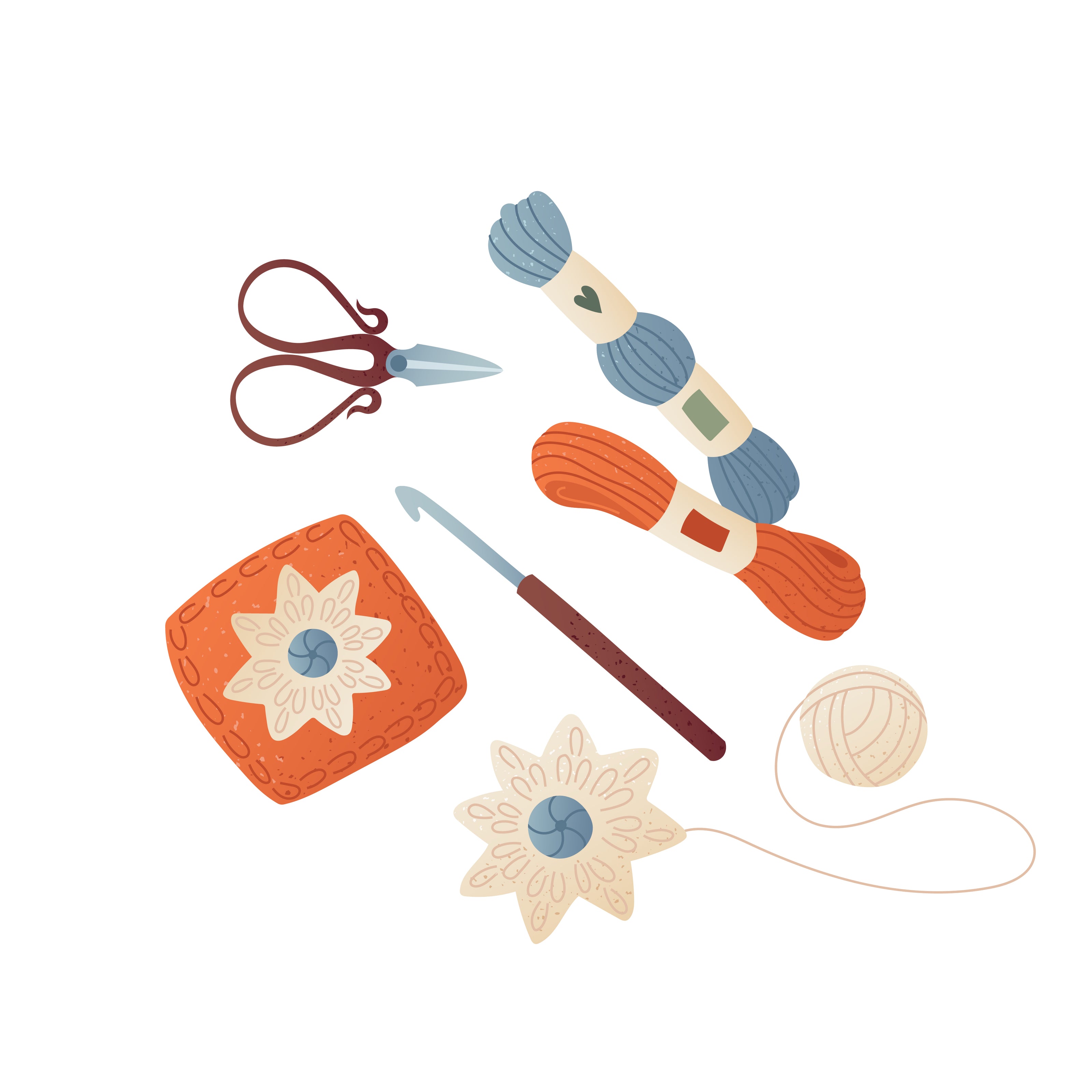 Crochet hook, yarn, and scissors on a white background