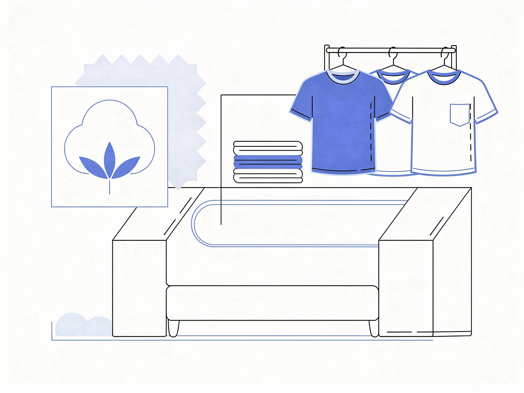 Illustration of a living room with a sofa, clothes on a rack.