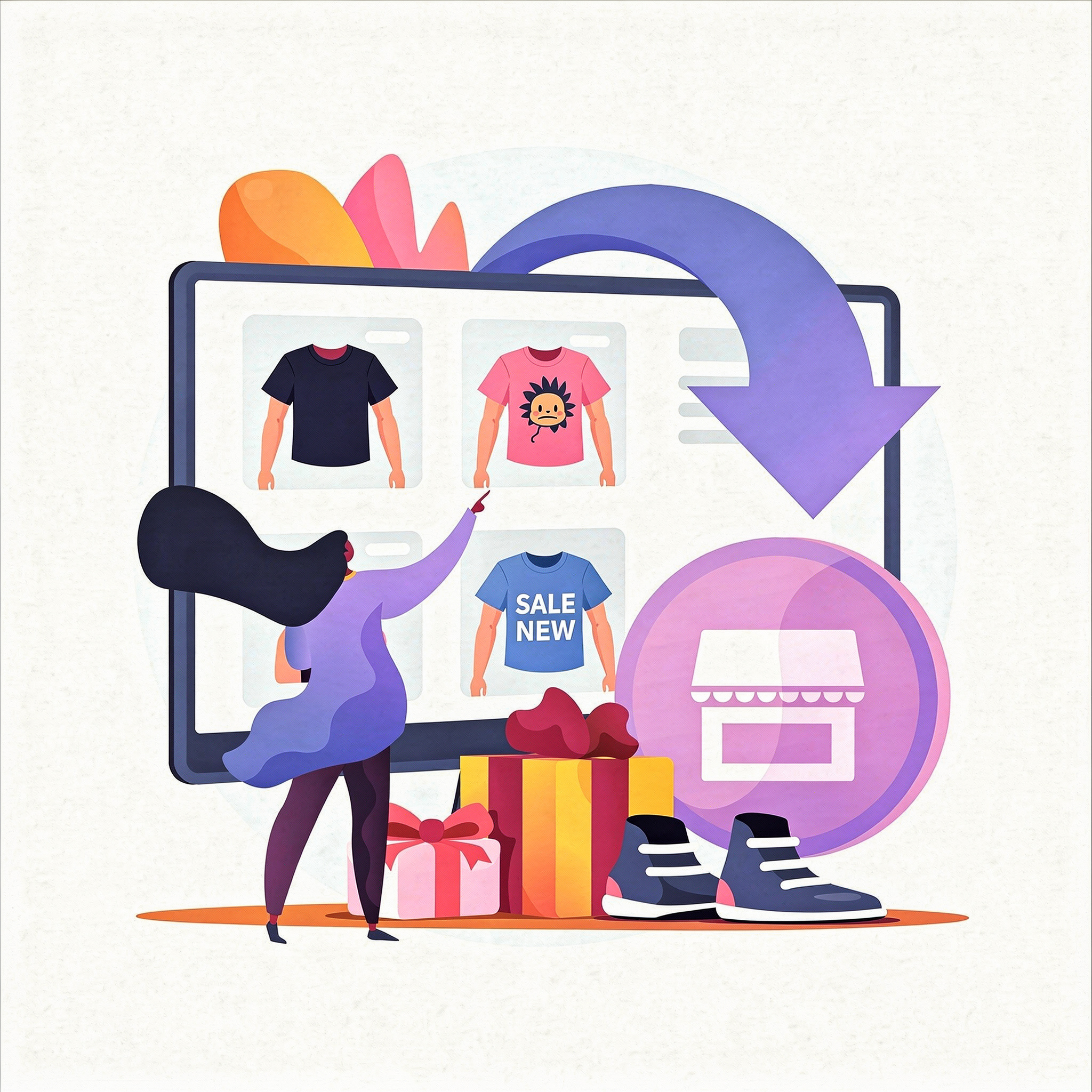 Illustration of a person shopping online with a computer screen displaying clothing items.
