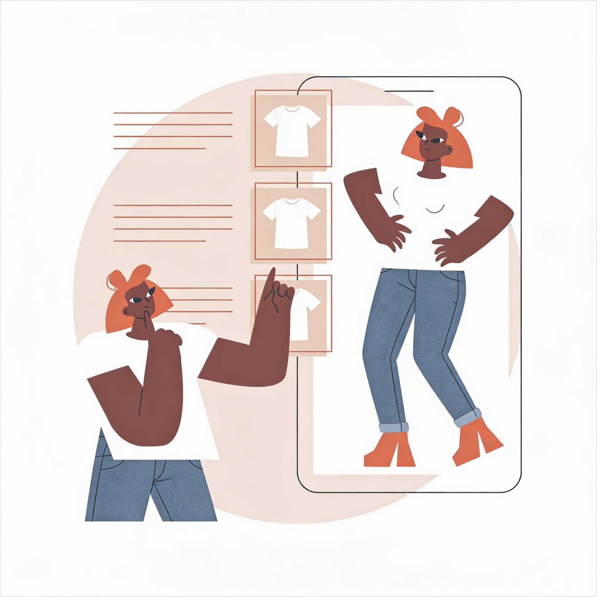 Illustration of a person trying on clothes in a mirror with a digital interface.